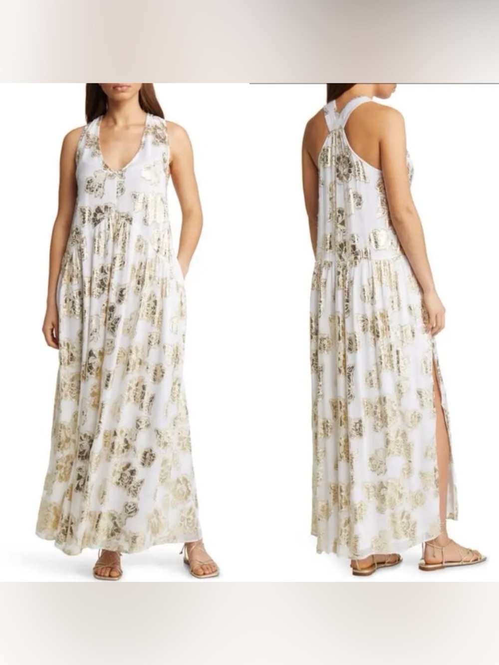 CIEBON Metallic Gold Floral‎ Maxi Dress White Boho Bridal M